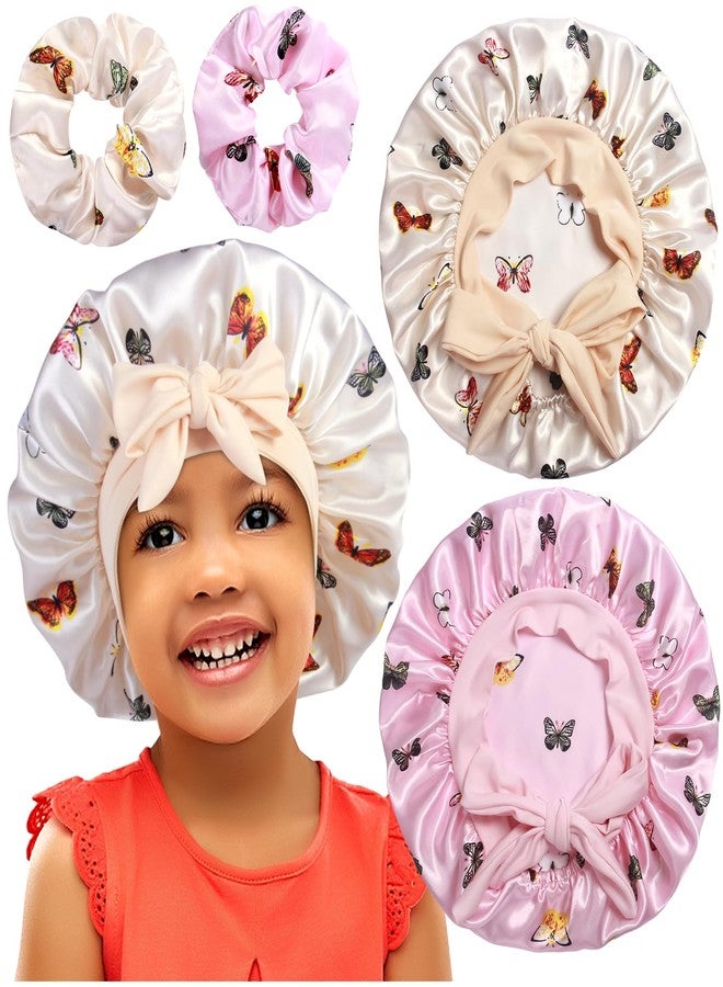 Heniho 2+2 Satin Bonnets with Scrunchies for Kids, Cute Hair Bonnets for Girls Sleeping Curly Hair, D - Image 1